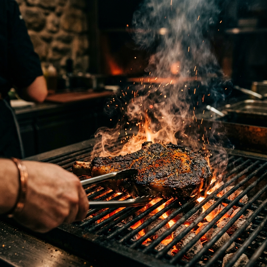 Cinematic close-up of premium meat cooking on a traditional charcoal grill