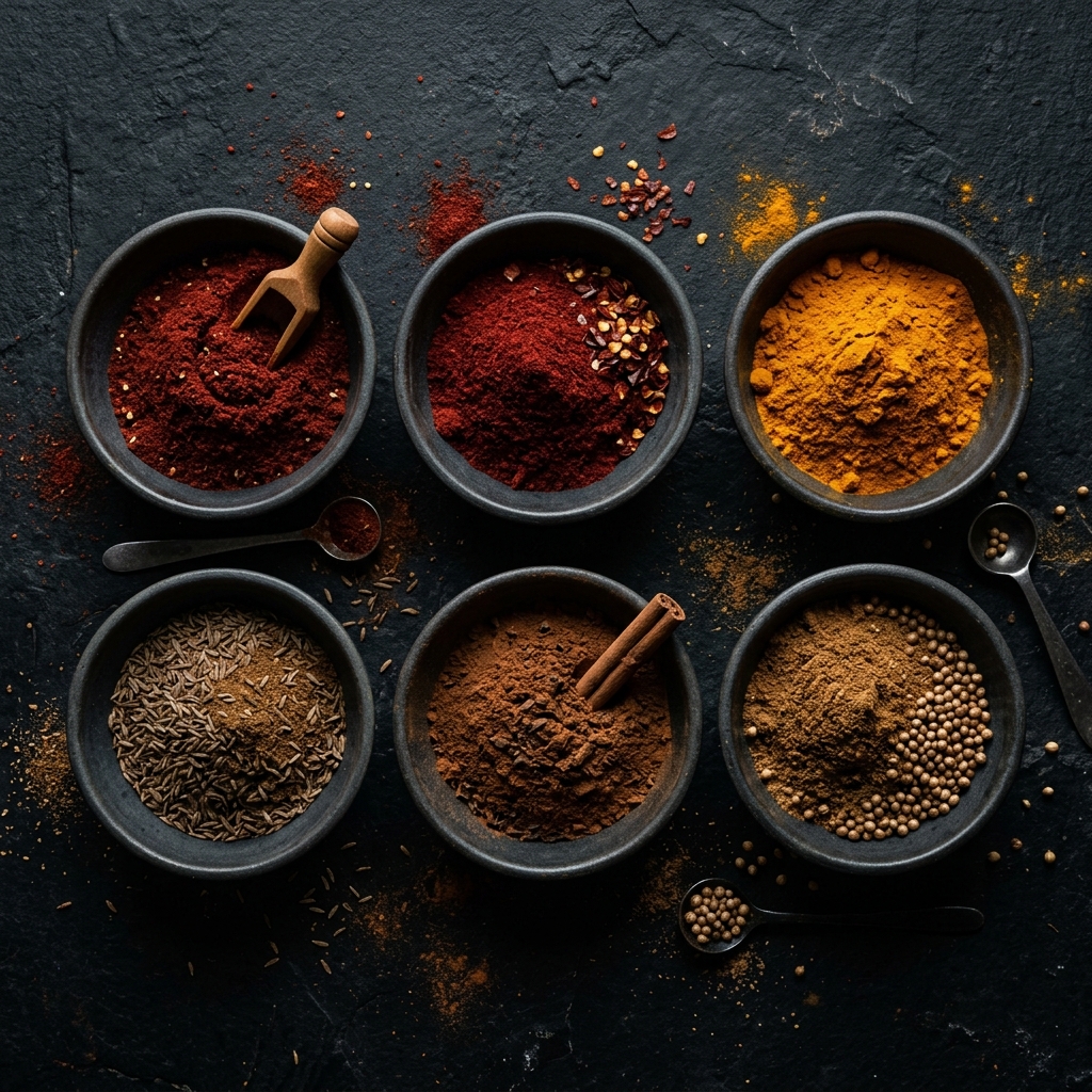 A moody, top-down shot of vibrant spices